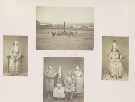 People around a pillar with a statue of an angel on it, with a city by the water in the background