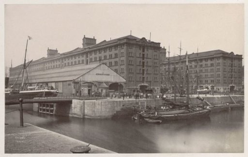 Waterloo grain warehouses in Liverpool, with ships in the foreground