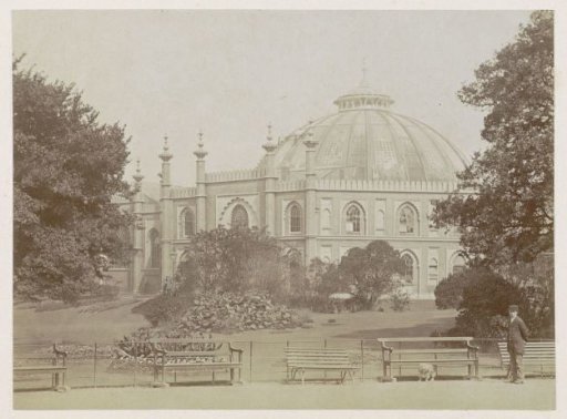 Stables belonging to the Royal Pavilion in Brighton with a park in front