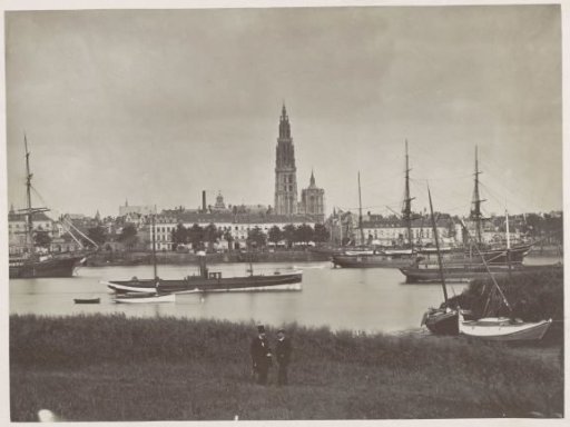 Ships on the Scheldt, with the Cathedral of Our Lady in Antwerp in the background