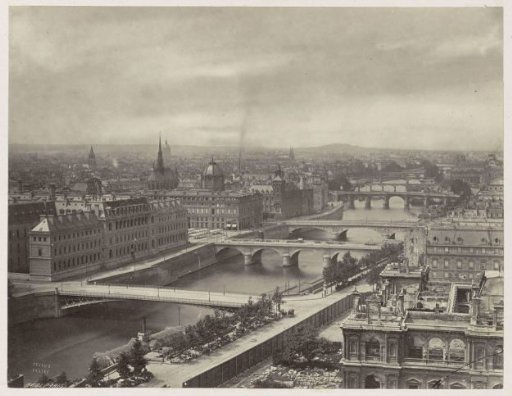 View over the Seine, with the burnt-out Hôtel de Ville in the foreground on the right, Paris