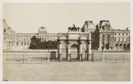 View of the Louvre in Paris, with the Arc de Triomphe du Carrousel in the foreground