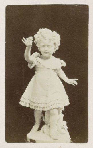 Statue of a little girl with a flower in her hand, possibly displayed at the World Exhibition in Paris in 1889