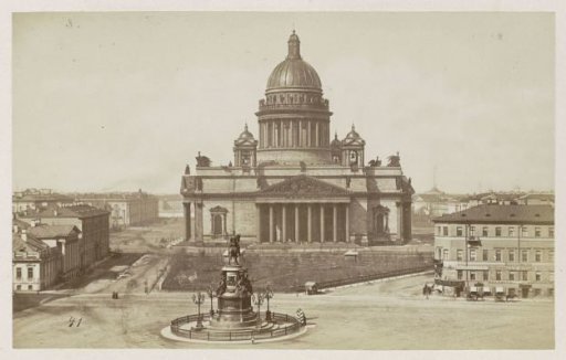 The Isaac Cathedral with the equestrian statue of Peter the Great in the foreground in St. Petersburg