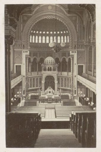 Interior of the New Synagogue in Berlin: benches and choir