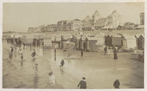 Bath Guests and Bath Carriages on the Beach of Blankenberge, with Hotels in the Background