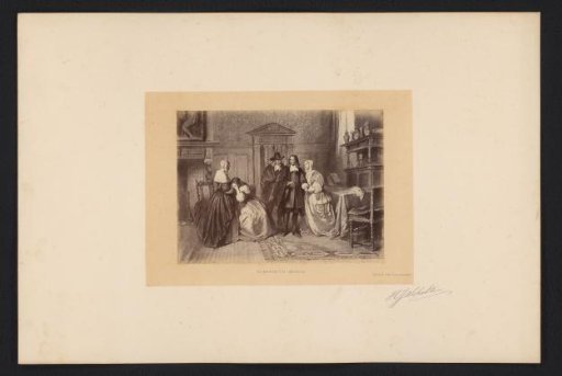 Photographic reproduction of a drawing of a group in an interior by H.J. Scholten