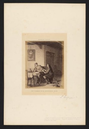 Photographic reproduction of a drawing of a man kneeling beside a woman in an interior by Lambertus Lingeman