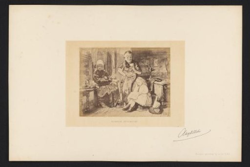 Photographic reproduction of a drawing of a girl and two older people in an interior by August Allebé