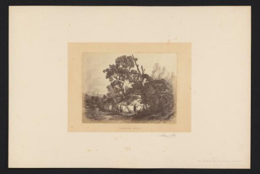 Photographic reproduction of a drawing of figures at a sod hut and trees by Maria Vos