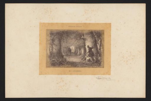 Photographic reproduction of a drawing of a hunter in a wood by Johannes Stroebel