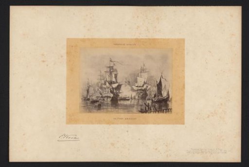 Photographic reproduction of a drawing of a fleet of ships by Everhardus Koster