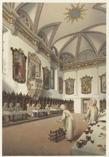 Monks at the Sunday meal in the refectory of the Carthusian monastery of Pavia