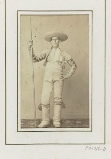 Portrait of an unknown bullfighter (picador), standing with a lance