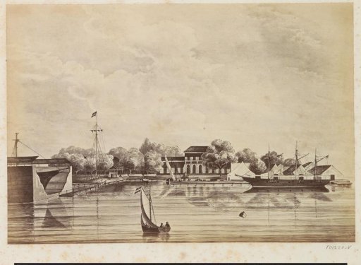Photographic reproduction of (presumably) a drawing, depicting a harbour view with dock in Java