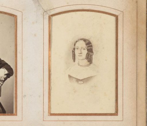 Photographic reproduction of a drawn portrait of a young woman with ringlet curls