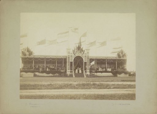 The twelve-year-old Queen Wilhelmina in Frisian costume on a podium
