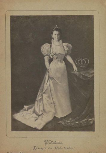 Photographic reproduction of a painting of a young Queen Wilhelmina standing