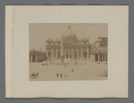 View of St. Peter's Square with obelisk and view of the west facade of St. Peter's Basilica in Vatican City, Italy