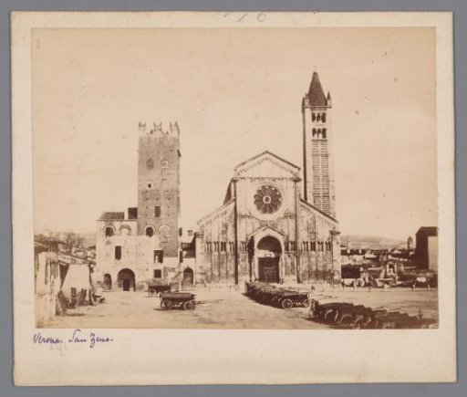 View of the San Zeno in Verona, with a row of carts in the foreground