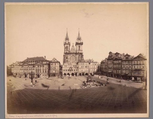 View of the Staroměstské náměstí (Old Town Square) in Prague, with the Týn Church in the center and the photography shop and bookstore of Heinrich Carl Joachim Satow on the right