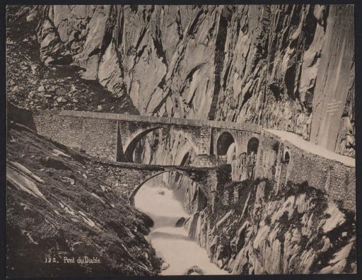 View of the Devil's Bridge over the Schöllenen Gorge near the Gotthard Pass, Switzerland