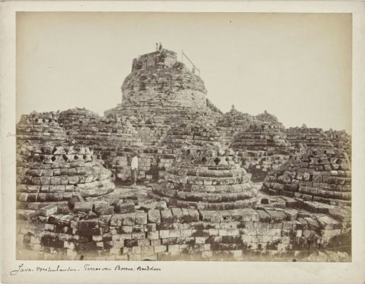 Stupas on the upper galleries of the still unrestored Borobudur