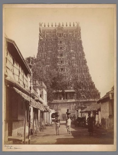 View of the gopuram of the Meenakshi temple in Madurai, Tamil Nadu, India