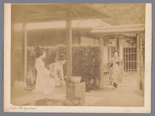 Three unknown Japanese girls at a Japanese tea house