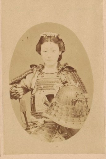 Portrait of an unknown Japanese woman in samurai armor