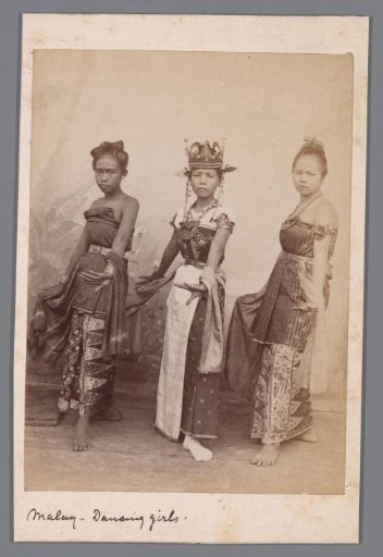 Group portrait of three unknown dancing Malay women