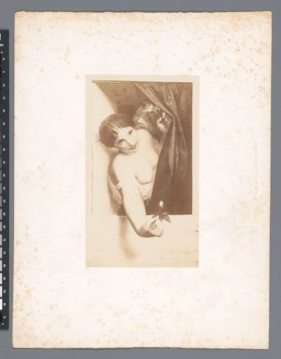 Photographic reproduction of a painting of a naked woman with flowers behind a curtain