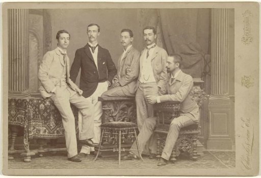 Studio portrait of five unknown young men, labeled as the sons of Bouricius