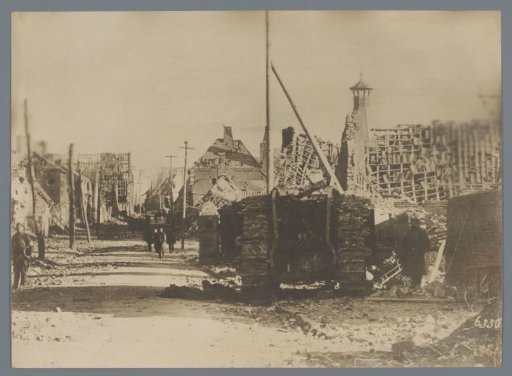 British tank in a destroyed street in Fontaine-Notre-Dame