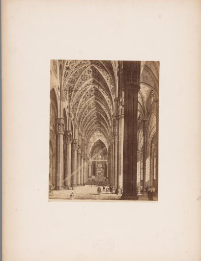 Photographic reproduction of a drawing depicting the interior of the cathedral of Milan, Italy