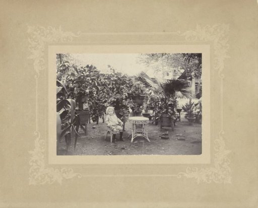 Portrait of an unknown child on a chair among plants in Dutch East Indies