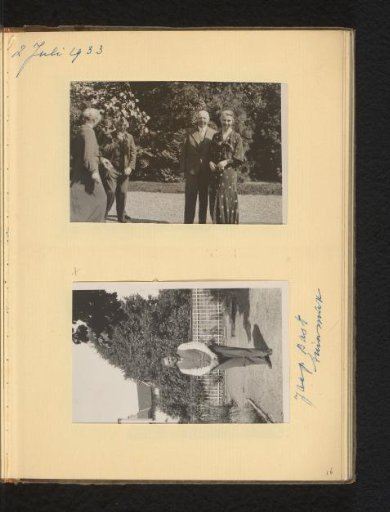 Two photographs of Dirk Hudig, Anna Rotgans and Jaap Bast in a garden