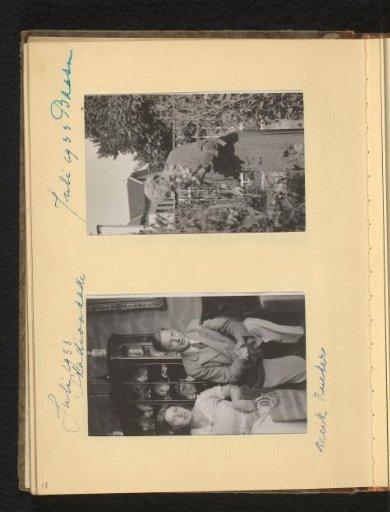 Two photographs of people in a living room and a woman in a garden in July 1933