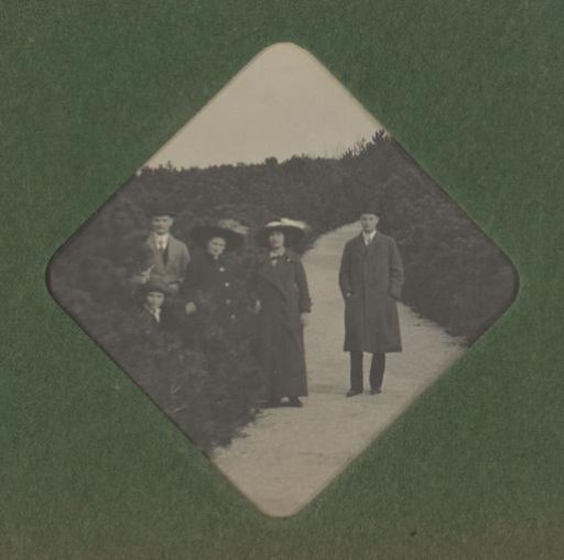 Jan Hellendoorn, Pauline van den Bussche, and Wiesje Merkus with Two Unknown People on a Dune Path