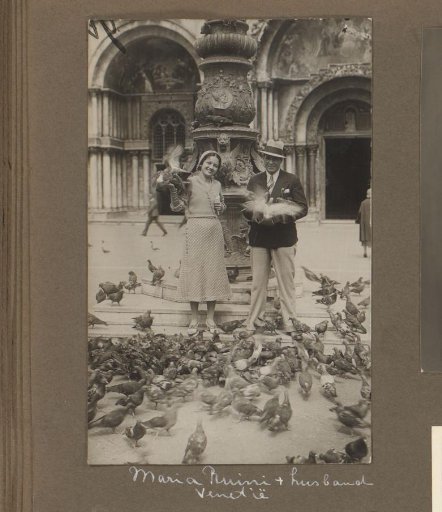 Maria Ruini and her husband with pigeons on the Piazza San Marco, Venice