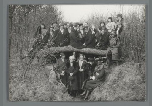 Group portrait of unknown women around a tree stump