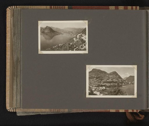 Two views of lakes with mountains in the background