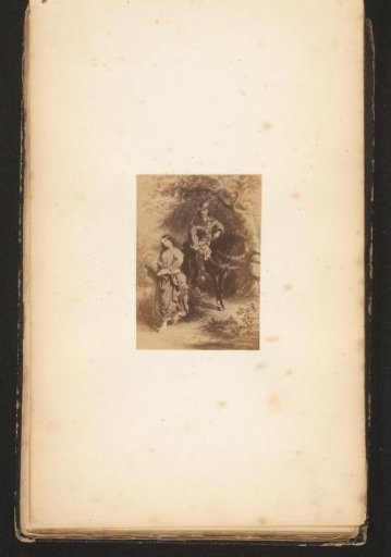 Photographic reproduction of a painting of a man on horseback and a walking woman