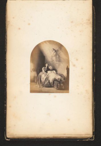 Photographic reproduction of a painting of a woman next to a child in bed, with an angel above the bed