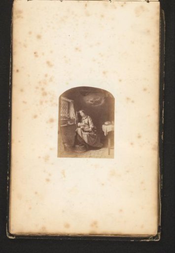 Photographic reproduction of a painting of a dog with a tower in the background