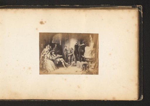 Photographic reproduction of a painting of the unveiling of a sculpture