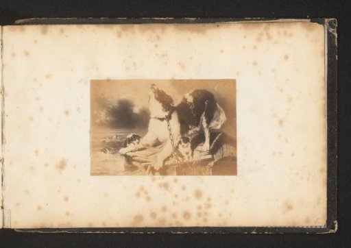 Photographic reproduction of a painting of a barking dog with puppies