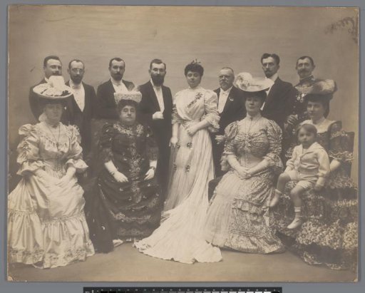 Group portrait of an unknown French family and a bride and groom
