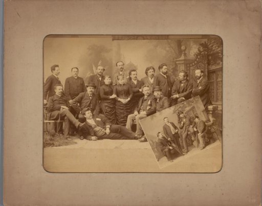 Group portrait of an unknown company with inset portraits of four of them