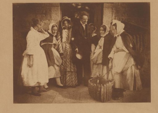 Group portrait in Newhaven, Edinburgh; Bessy Crombie, Carnie Noble, Mrs. Fairbairn, Rev. Dr. James Fairbairn, an unknown woman, Mary Combe, an unknown woman and Margaret (Dryburgh) Lyall